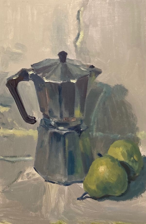 Painting of coffee maker and pears