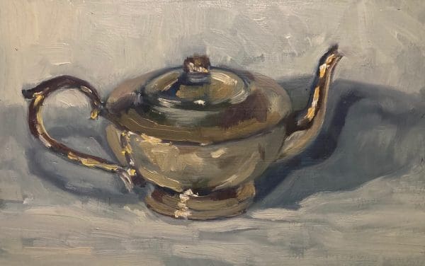 Oil painting of a silver teapot